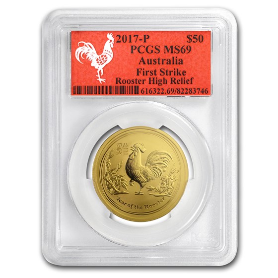 2017 AUS 1/2 oz Gold Lunar Rooster MS-69 PCGS (FS, Red Label) 2017 AUS 1/2 oz Gold Lunar Rooster MS-69 PCGS (FS, Red Label)